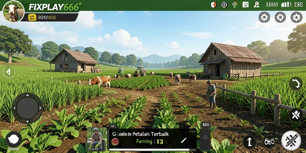 Screenshot utama menunjukkan pemain yang mengelola ladang dengan baik di FIXPLAY666.