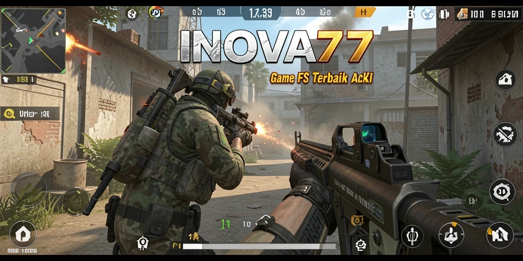 Tangkapan layar utama INOVA77 menampilkan aksi seru gameplay FPS.
