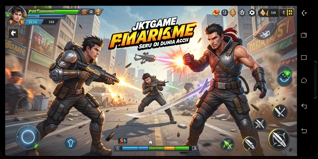 Screenshot utama JKTGAME menunjukkan pertarungan seru antar karakter.