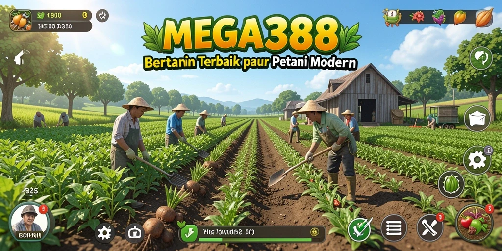 Tampilan gameplay MEGA388 saat bertani dan merawat tanaman.