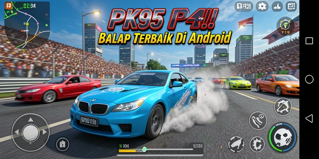 Tampilan utama gameplay PK95 dengan mobil balap yang melaju kencang.