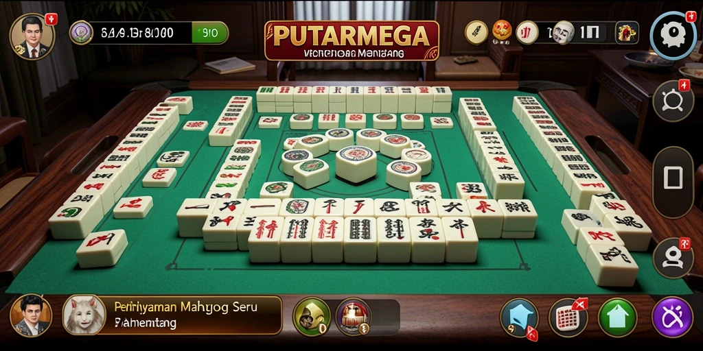 Screenshot gameplay PUTARMEGA memperlihatkan suasana permainan Mahjong yang mendebarkan.