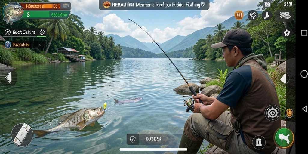 Screenshot gameplay REBAHIN dengan aksi memancing yang seru.