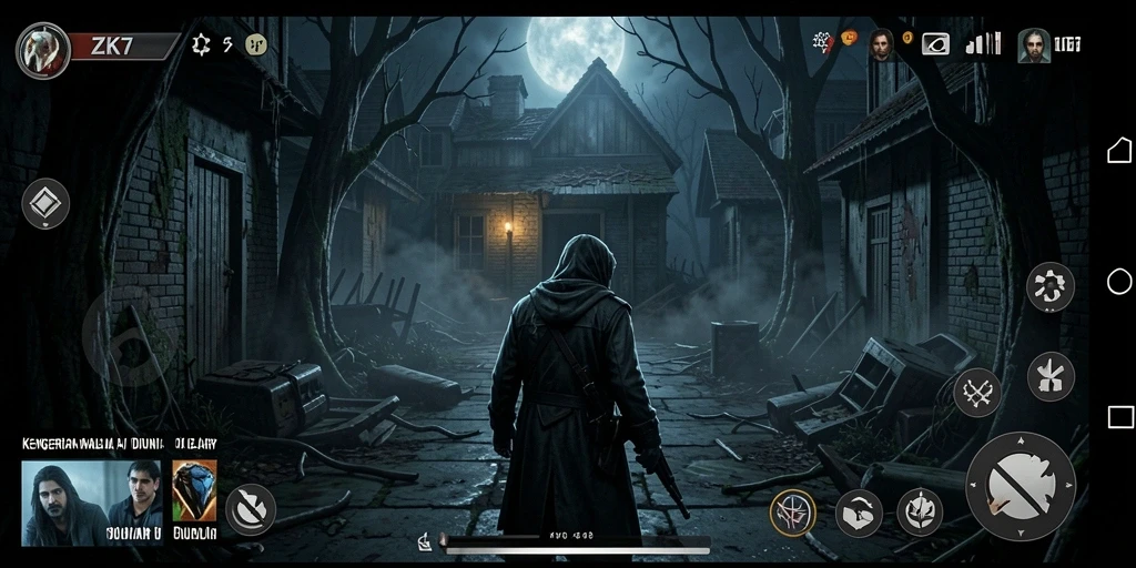 Screenshot gameplay menegangkan ZK7 dengan suasana misterius dan kegelapan.